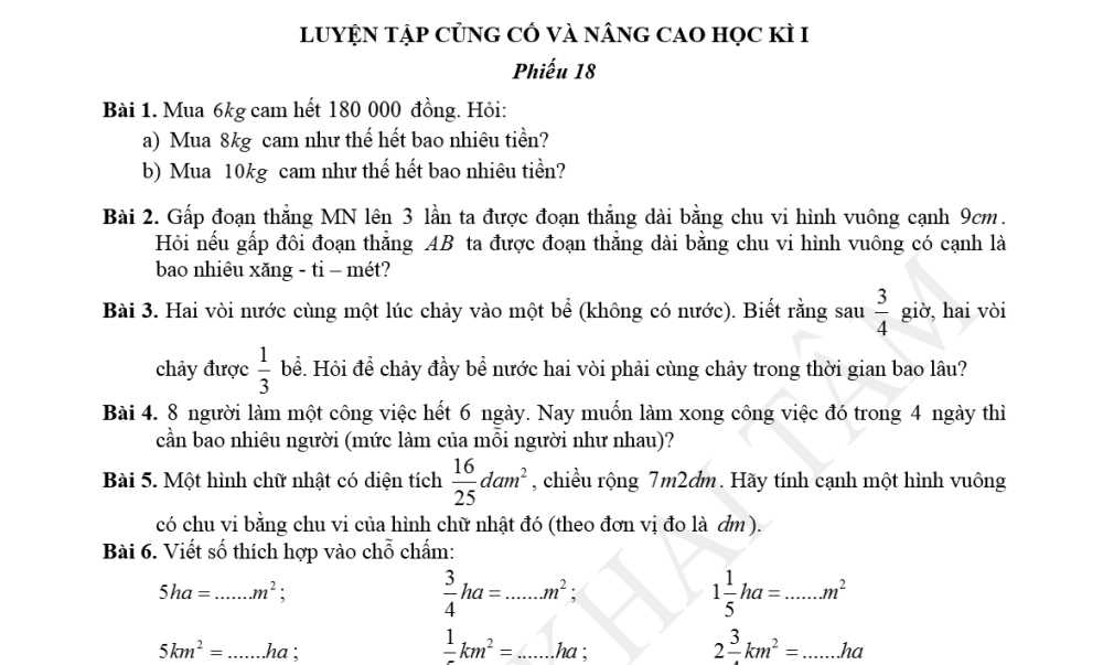 Toán 5: Tài liệu Củng cố và nâng cao, Luyện tập học kỳ 1. Phiếu 18.